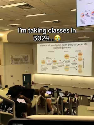 The cover image shows a lecture hall. The camera is positioned from a student's perspective, looking forward. In the foreground, there's a blurred view of the seats. In the mid-ground, other students are seated, some with a laptop open. The focus highlights a large screen displaying what appears to be a biology diagram. At the top of the image, overlaid text reads, 'I'm taking classes in 3024...' with a sad emoji