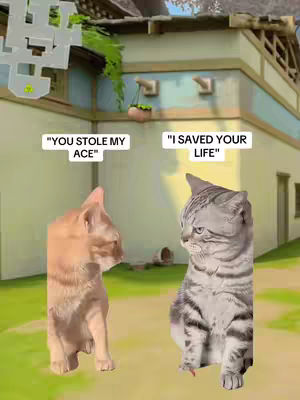 The cover image shows two cats having a conversation, with text overlaid on the image. The background is a digital scene that resembles a game level.