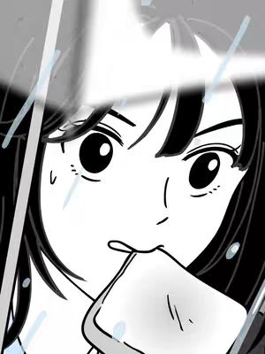 A black and white cartoon illustration of a young woman looking through what appears to be a rainy window. Raindrops are visible on the glass. The woman has large eyes and is holding something pale and rectangular, possibly a cloth or tissue, to her mouth. Her expression is a mix of concern and slight surprise. The style is reminiscent of manga or webtoon art.