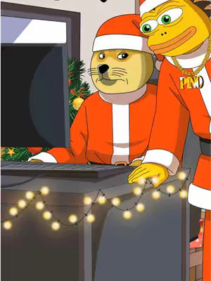 The cover image features a cartoon illustration of two anthropomorphic characters dressed in Santa Claus attire. The main character is a doge meme character, seated at a desktop computer, wearing a Santa hat and a red suit. The other character, a Pepe the Frog meme, stands beside, also in a Santa hat and suit, with a gold chain necklace. Beside them there's a Christmas tree and some decorative lights.
