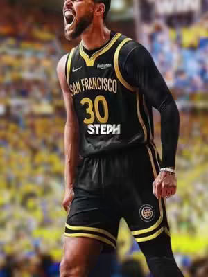 The cover image features Steph Curry in a basketball uniform, mid-shout. The background is blurred, resembling a crowded arena with yellow and blue tones. Curry's black and gold uniform is detailed, with the team name "SAN FRANCISCO" and his number "30" visible. His mouth is wide open as if yelling, and his expression is intense.