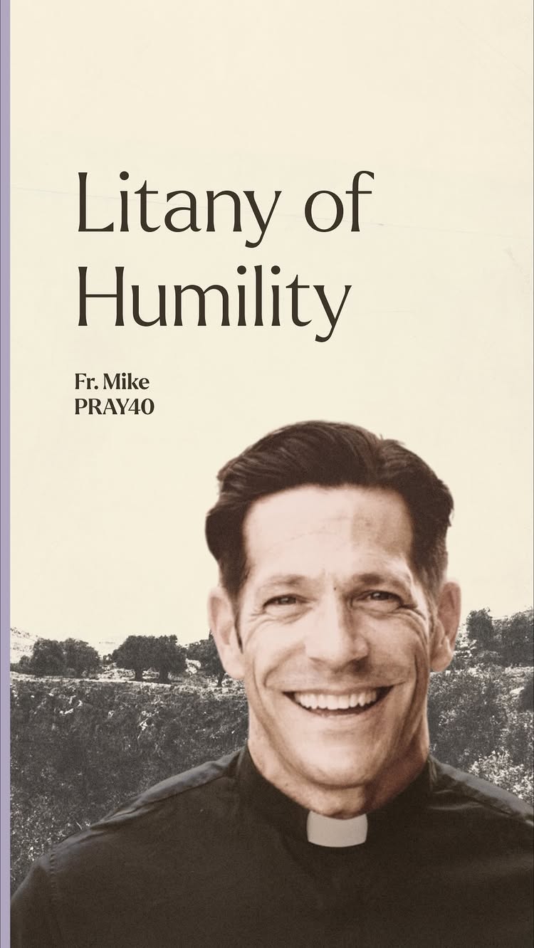 The cover image is a book cover featuring a smiling man, likely a priest, in a clerical collar. Above him is the title "Litany of Humility" in large, dark text. Below, the name "Fr. Mike" and a phrase: "PRAY40" are printed. The background is a sepia-toned image of a natural landscape, with a hint of a dividing purple band on the left edge.