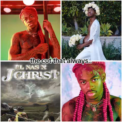 A collage of four images featuring Lil Nas X. The top left shows him shirtless, holding a pole. The top right shows him in a white dress with a floral crown, looking up. The bottom left is an album cover with text. The bottom right is a close-up of Lil Nas X in a vibrant look.