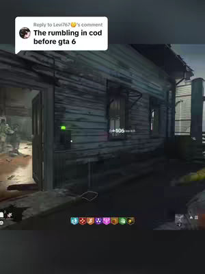 The image shows a scene from a video game, likely a first-person shooter. The setting appears to be a dilapidated, wooden building with a green light on one of the walls. The player's health and some icons are visible. The overall composition is dark and gritty.