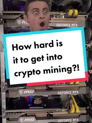 A man with a surprised expression is positioned in front of a crypto mining rig. Text reads, 'How hard is it to get into crypto mining?!'