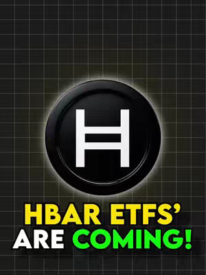 A black background with a subtle grid pattern. Centered is a large, glossy black circle with a white 'H' symbol inside. Below the circle is the text 'HBAR ETFs' ARE COMING!' in a bold, yellow and green font.