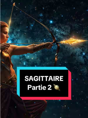 A digital art image of a woman in a warrior-like pose, drawing a bow, with a starry space background and overlayed text. The woman is in profile, facing left, with her hair pulled back. She has intricate armor and is holding the bow with a glowing arrow, suggesting a fantasy or astrological theme. Colored blocks with text are placed at the bottom of the scene. The color palette consists of blues, purples, and golds, enhancing the celestial theme.