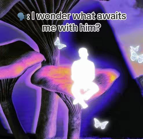 A surreal image dominated by a dark, purplish background suggesting a night scene. In the foreground, large, mushroom-like structures are visible, their caps in varying shades of purple and pink with intricate textures. A glowing, white silhouette of a person is seated on one of the mushroom caps, giving off a sense of mystery. Delicate, glowing white butterflies float around the scene, adding a touch of ethereal beauty. The top-left corner features speech bubble, with text overlaid that reads: 'I wonder what awaits me with him?'
