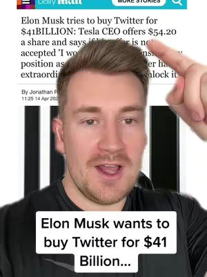 A man in a black shirt is pointing at a news article about Elon Musk's attempt to buy Twitter, the image includes a text overlay.