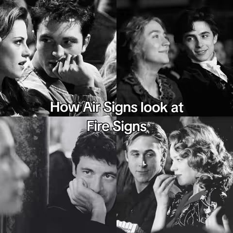 A black and white collage showing images of several different people. At the top of the image is text overlaid: "How Air Signs look at Fire Signs".