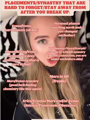 A close-up shot of a woman with long blonde hair, looking directly at the camera with a surprised or slightly open-mouthed expression. Text overlays are added around her face, providing astrological insights. The background is blurred, suggesting an indoor setting, with a black and white pattern behind her.