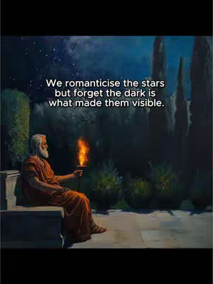 A painting-style image featuring a man seated on a bench, holding a torch with a bright flame. He is dressed in orange robes, suggesting an ancient Greek Philosopher. The background depicts a dark, starry night with tall, slender trees and lush green foliage. Text overlays the scene, presenting a quote with a philosophical tone.
