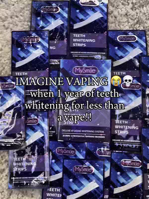 The cover image displays a collection of teeth whitening strip packages, arranged in a seemingly random, overlapping manner. The packages are primarily blue with white accents and text, and a central package is larger and overlaid with additional text. A crying face emoji and a skull emoji are placed at the end of a text overlay to the background.