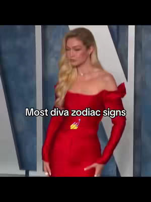 The cover image shows a woman in a red dress, standing in an outdoor setting. Text overlays at the bottom of the image state 'Most diva zodiac signs'. The composition is straightforward and focused on the woman.