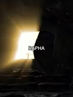 The cover image depicts an artistic representation centered around the Christian faith. In the foreground, there's a dark area, possibly representing the inside of a tomb or cave. A large, rounded stone is visible, partially obscuring the entrance. The focal point is a bright, radiant light emanating from the opening, suggesting resurrection or divine presence. A cross is faintly visible within the light. Overlaid on the scene is the word "RAPHA" in large, white text..