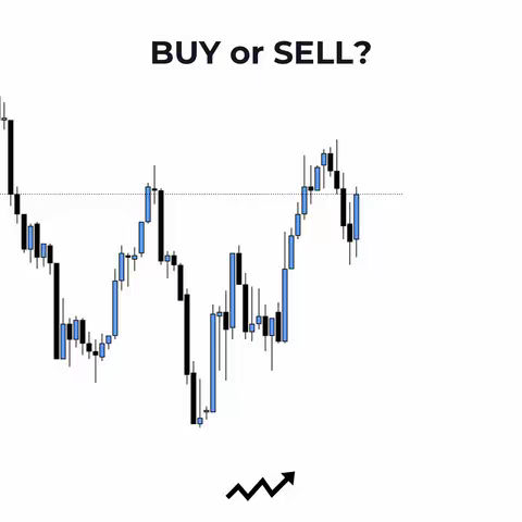 The cover image presents a white background with a technical chart pattern representing stock data. Above the chart, the text 'BUY or SELL?' is displayed in a black, bold font.  At the bottom right, there's a black upward-pointing arrow, likely symbolizing a bullish trend.