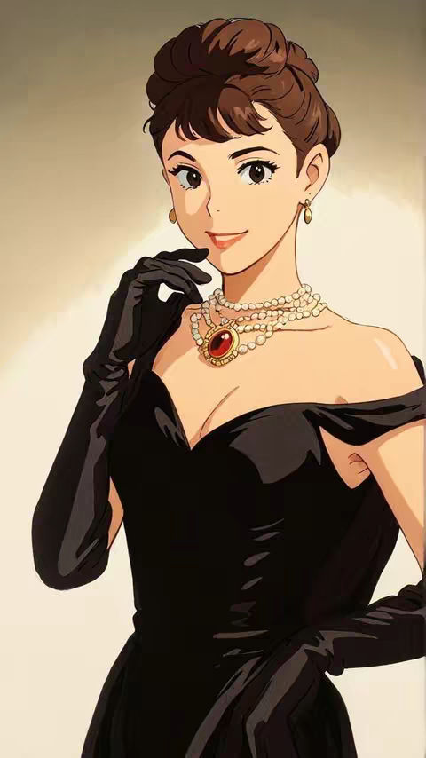An anime-style illustration of Audrey Hepburn, as if in a Studio Ghibli film. She is wearing a black off-the-shoulder dress, black gloves, and a pearl necklace with a red jewel pendant. Her hair is styled up, and she has a soft smile. The background is a warm, neutral tone.