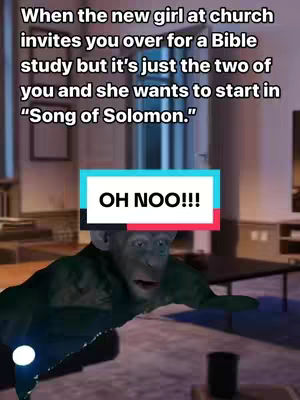 A humorous image with text overlays. The background shows a blurry indoor setting. In the foreground is a digitally altered figure with a surprised expression. Overlayed text is present on the top and a text box in the middle.