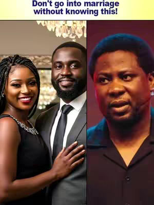 The image is split into two main sections. On the left, a smiling woman with braided hair and a man in a suit are side-by-side, suggesting a couple. The man has his arm around the woman's waist. The right side features a man with a slightly concerned expression. Above, text in a blue box reads, 'Don't go into marriage without knowing this!'
