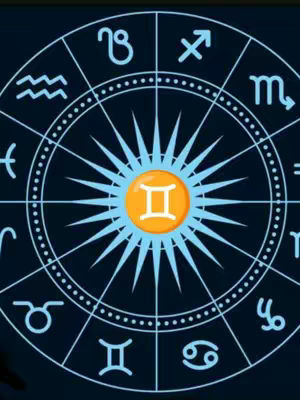 The cover image features a circular zodiac chart. The chart is divided into segments, each representing a zodiac sign with its corresponding symbol. At the center, there is a symbol with two parallel lines inside a yellow circle with a blue background. The overall color scheme is dark, with white lines and symbols.