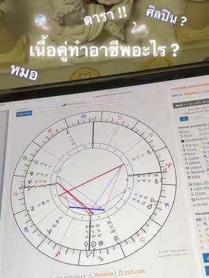 A screen displaying a birth chart with overlaid text and icons referencing various career paths. The image is framed from a low angle, and the content is related to astrology.