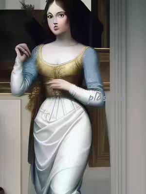 The image is an AI-generated painting depicting a woman dressed in historical clothing. She stands indoors, seemingly near a doorway or window. She wears a gold colored, low-cut dress, a blue sleeve, and a white skirt, suggestive of a bygone era.
