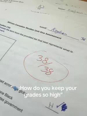 An image of an exam paper from the African Canadian Studies Unit One Assessment. The name 'Kayhan' is written at the top, with the paper marked as 38/38 in red pen. A text overlay asks, 'How do you keep your grades so high?'