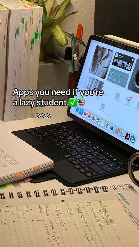 The image shows a desk setup with an open notebook, a laptop, and other school supplies. The laptop displays the text overlay. The overall composition has a focus on productivity.