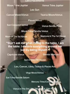 A selfie-style video cover featuring a woman with curly hair against a neutral background. She is smiling slightly, with text overlayed on the image that includes astrological placements and a quote about self-elevation.