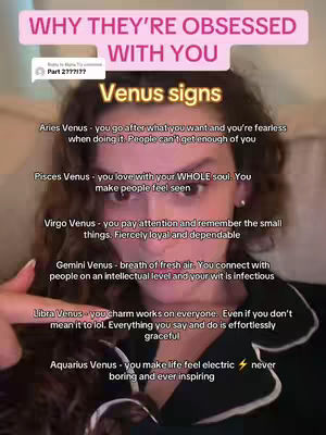 A selfie-style image of a woman with dark hair, looking directly at the camera. The background behind her is out of focus. Text overlays provide astrological information.