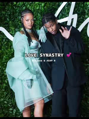 The cover image displays Rihanna and A$AP Rocky posing together, with Rihanna on the left in a light blue dress and gloves, and A$AP Rocky on the right, leaning towards her in formal black attire. The text overlay 'LOVE SYNASTRY' is placed in a bubble on top and is surrounded by hearts.