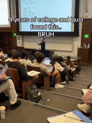 Image shows a lecture hall with students in chairs. A presenter is standing and pointing at a screen with math equations. Text overlays indicate the video's hook. The focus suggests a student in a university environment.