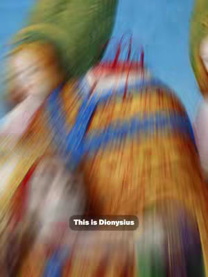 An abstract image with a radial blur effect. The primary colors are yellow, blue, red, and green. A text box at the bottom of the image indicates the subject, 'This is Dionysius.'