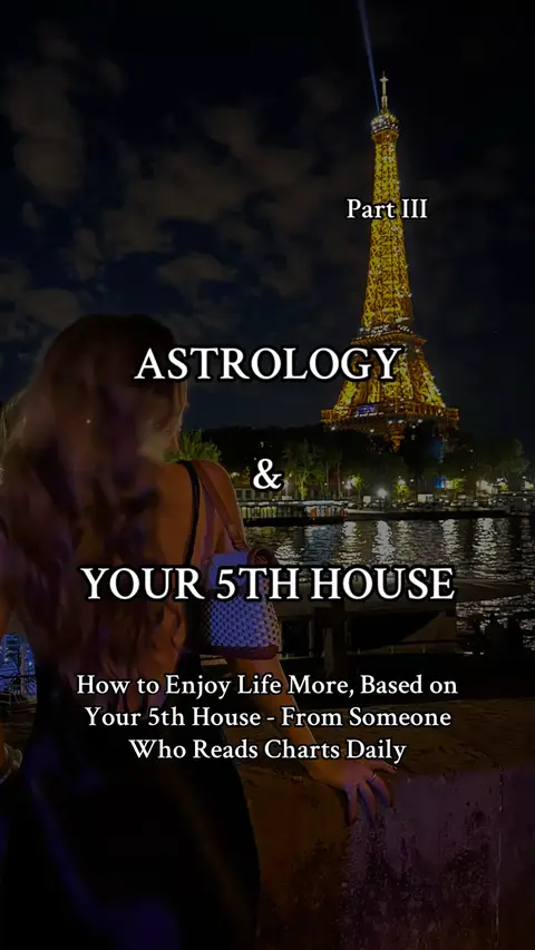The cover image shows a woman standing with her back to the camera, overlooking a nighttime cityscape with the Eiffel Tower lit up prominently. Text overlays include 'ASTROLOGY & YOUR 5TH HOUSE' and topic details. The overall composition is dark, with highlights on the tower and the woman.