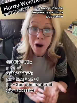 A woman with blonde hair and glasses is looking at the camera with her mouth open in an expression of surprise. Text overlays on the image contain biology terms and equations, suggestive of a science lesson.