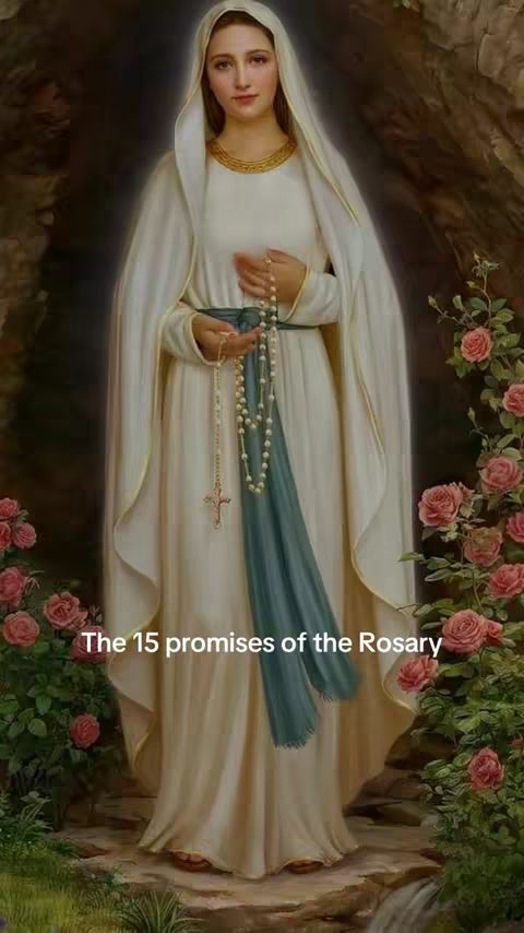 An artistic depiction of the Virgin Mary holding a rosary, with roses in the background. Text at the bottom reads 'The 15 promises of the Rosary'.