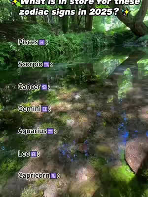 The cover image presents a natural outdoor scene. A body of water reflects the surrounding lush greenery, with trees and foliage creating a dense forest backdrop. Text overlays are placed over the water's surface, listing zodiac signs.
