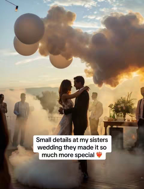 A romantic wedding scene at sunset, featuring a couple embracing in front of a dreamy, smoky backdrop. Large white balloons float in the sky. The composition is balanced, emphasizing the connection between the couple with guests and a decorative table in the background.