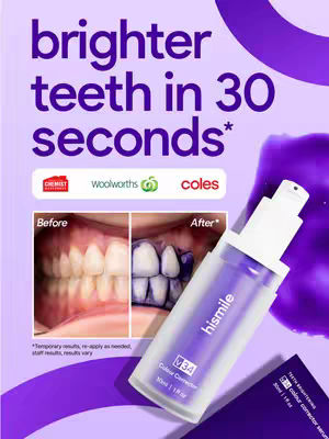 The cover image showcases a product advertisement for a teeth-whitening serum. The layout is a mix of text, product, and comparison images. The main element is a product bottle with a white cap and a purple body at a slight angle. Below the bottle, two images compare teeth 'Before' and 'After' applying the product, showing a change in color. Above the product is the main text hook. The background uses a combination of white and a purplish ombre gradient that provides a clean but energetic feel. The image has several logos from retailers and the 'hismile' logo.