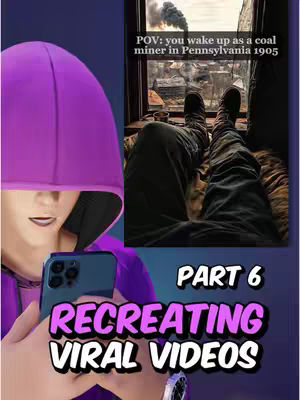 The cover image is a split composition. On the left, a digitally rendered person in a purple hoodie holds a teal phone. On the upper-right, a realistic image of a person looking out of a window. The window shows the industrial landscape. The bottom of the picture includes white and purple text "PART 6 RECREATING VIRAL VIDEOS". The color scheme features purple, teal, and natural industrial tones.