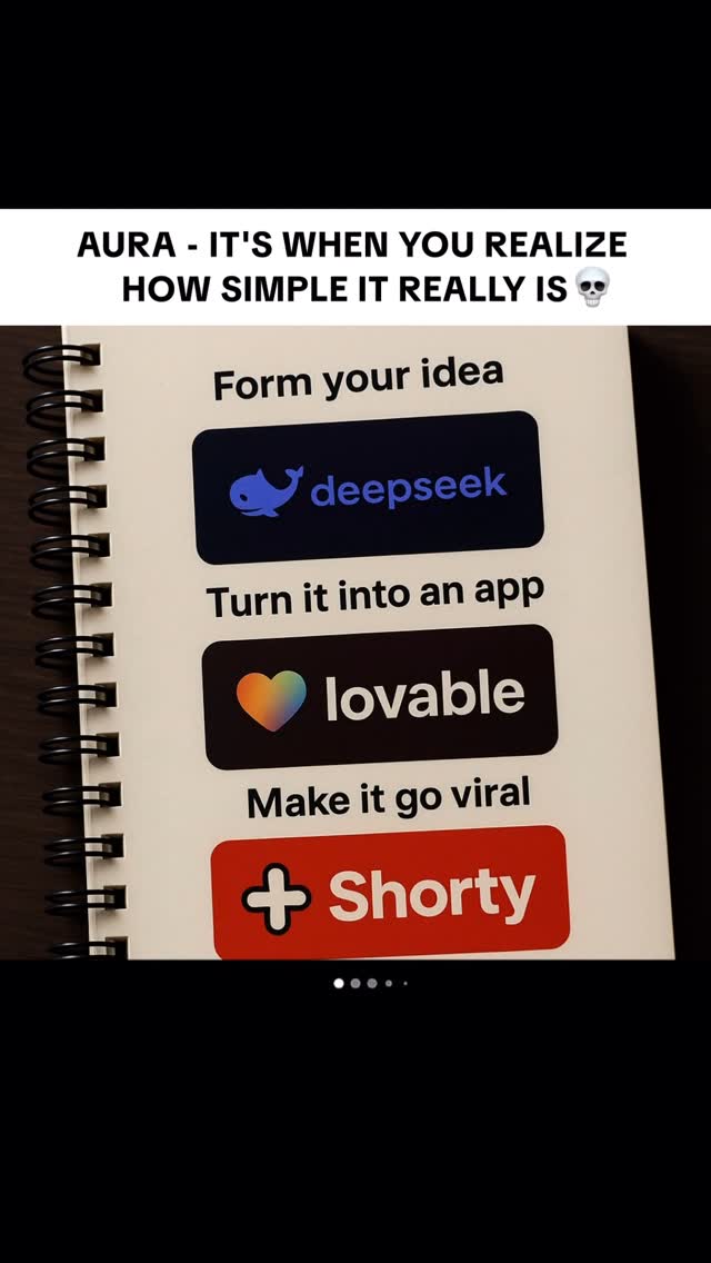 A notebook with a spiral binding is open to a page with several sections. The top section has the text "AURA - IT'S WHEN YOU REALIZE HOW SIMPLE IT REALLY IS" above the headline "Form your idea". Below each stage are corresponding app logos and text. The color scheme is a mix of white, black, and red with colorful logos.