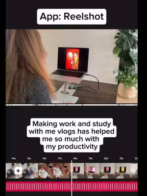 The cover image shows a person working behind a laptop, with a focus on the app Reelshot. Text overlays highlight the app and the idea of studying and working. The layout includes a timeline-like element at the bottom, suggesting video editing or a timeline of the content.
