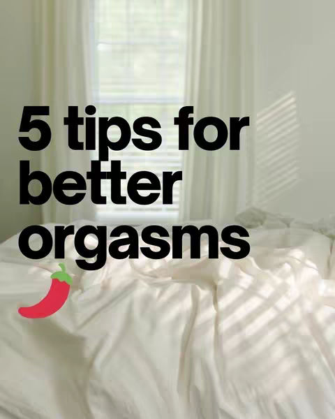 The image shows a bed with white sheets and a bright window in the background. Overlaid on top is the text '5 tips for better orgasms' in bold black font; a red chili pepper icon is placed in the lower left corner.