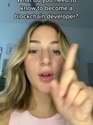 A woman with blonde hair, dressed in a pink top, points her finger upwards. Overlayed text at the top asks "What do you need to know to become a blockchain developer?"