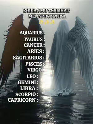 The image is a digitally created scene featuring two spectral figures. One figure is on the left, cloaked with a dark color scheme and black feathered wings, set against a blurred backdrop. The figure on the right is light-toned, wearing flowing white robes and having large white feathered wings. A list of zodiac signs appears in white text against the background.