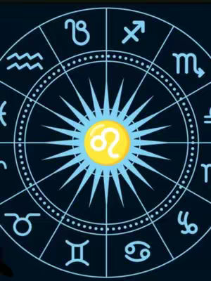 An illustrated image of a circle divided into segments, each containing a symbol representing a sign of the zodiac. The sign for Leo is highlighted in the center.