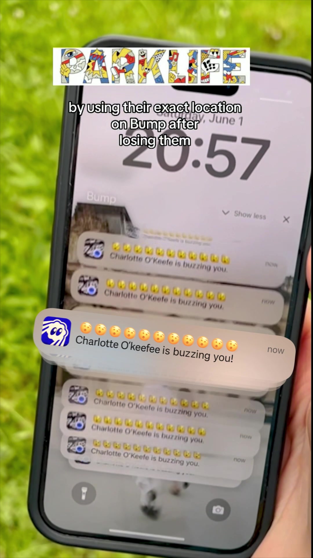 A hand holds a smartphone displaying the app 'Bump'. The screen showcases a series of text messages with a user's name and the phrase "is buzzing you!" coupled with numerous emoji faces. The background outside the phone is green. The top of the image has a colorful logo that spells out the word "PARKLIFE".