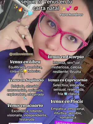 A woman with pink-framed glasses and red lipstick is looking at the camera. Text overlays describe astrological Venus signs with corresponding traits.