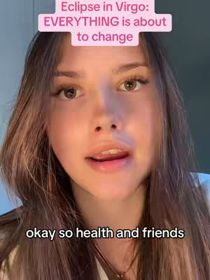 A medium shot features a young woman with long brown hair, looking directly at the camera and speaking. Above her head, there's a pink banner with white text, and below, there is also some text. The background is a blurred interior. The overall impression is one of direct address, likely for a video.