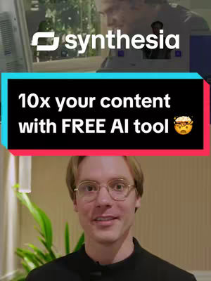 The cover image shows a man with glasses smiling and looking at the camera. Above him is a black and red bar containing text. In the upper part of the image, there is a logo for Synthesia.